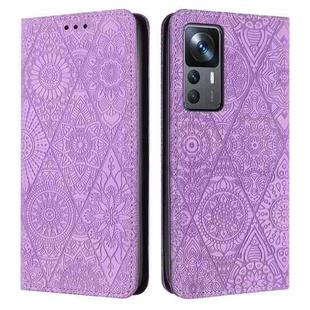 For Xiaomi 12T / 12T Pro Ethnic Embossed Adsorption Leather Phone Case(Purple)