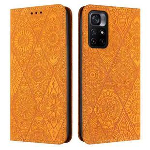 For Xiaomi Poco M4 Pro 5G Ethnic Embossed Adsorption Leather Phone Case(Yellow)
