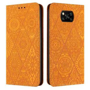 For Xiaomi Poco X3 NFC Ethnic Embossed Adsorption Leather Phone Case(Yellow)