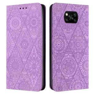 For Xiaomi Poco X3 NFC Ethnic Embossed Adsorption Leather Phone Case(Purple)