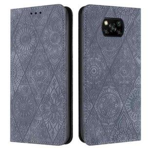 For Xiaomi Poco X3 NFC Ethnic Embossed Adsorption Leather Phone Case(Grey)