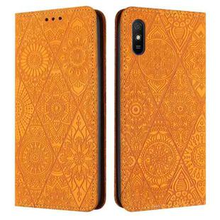 For Xiaomi Redmi 9A Ethnic Embossed Adsorption Leather Phone Case(Yellow)