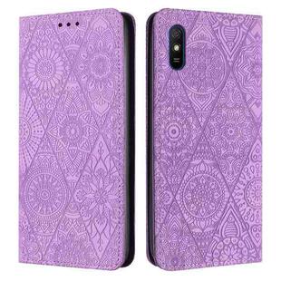 For Xiaomi Redmi 9A Ethnic Embossed Adsorption Leather Phone Case(Purple)