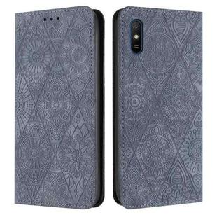 For Xiaomi Redmi 9A Ethnic Embossed Adsorption Leather Phone Case(Grey)