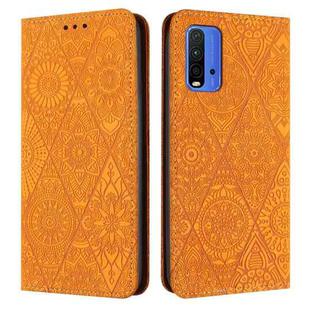 For Xiaomi Redmi 9T Ethnic Embossed Adsorption Leather Phone Case(Yellow)
