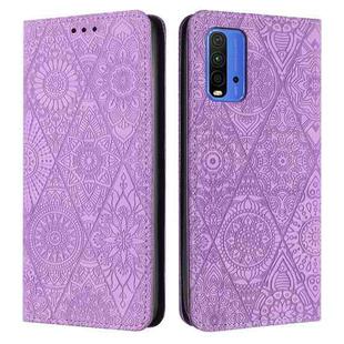 For Xiaomi Redmi 9T Ethnic Embossed Adsorption Leather Phone Case(Purple)