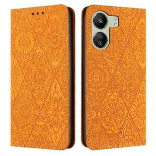 For Xiaomi Redmi 13C Ethnic Embossed Adsorption Leather Phone Case(Yellow)