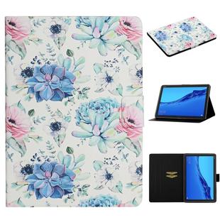 For Huawei MediaPad M5 lite 10.1 Flower Pattern Horizontal Flip Leather Case with Card Slots & Holder(Blue Flower On White)