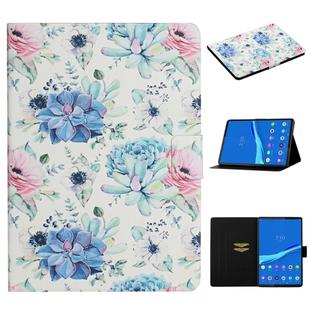 For Lenovo Tab M10 Plus Flower Pattern Horizontal Flip Leather Case with Card Slots & Holder(Blue Flower On White)