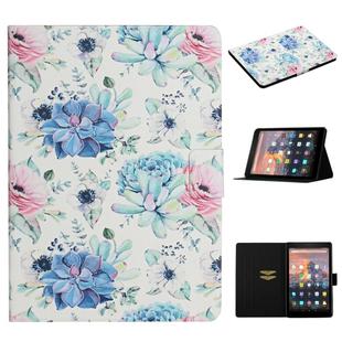 For Amazon Kindle Fire HD 8 (2020) Flower Pattern Horizontal Flip Leather Case with Card Slots & Holder(Blue Flower On White)