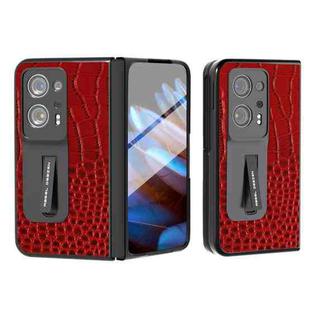 For OPPO Find N2 ABEEL Integrated Genuine Leather Crocodile Pattern Phone Case with Holder(Red)