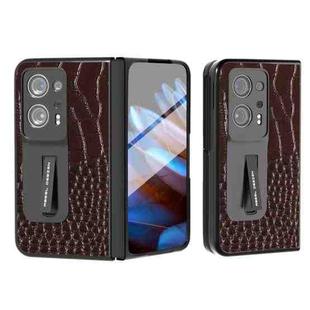 For OPPO Find N2 ABEEL Integrated Genuine Leather Crocodile Pattern Phone Case with Holder(Coffee)