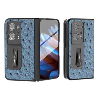 For OPPO Find N2 Integrated Genuine Leather Ostrich Texture Phone Case with Holder(Blue)