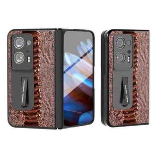 For OPPO Find N2 Integrated  Genuine Leather Weilai Series Phone Case with Holder(Coffee)