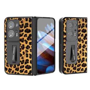 For OPPO Find N2 ABEEL Integrated Black Edge Leopard Phone Case with Holder(Golden)