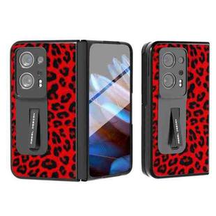 For OPPO Find N2 ABEEL Integrated Black Edge Leopard Phone Case with Holder(Red)