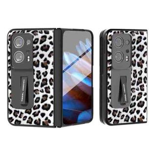 For OPPO Find N2 ABEEL Integrated Black Edge Leopard Phone Case with Holder(Silver)