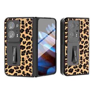 For OPPO Find N2 ABEEL Integrated Black Edge Leopard Phone Case with Holder(Champagne Gold)