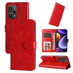 For Xiaomi Redmi Poco F5 Embossed Sunflower Leather Phone Case(Red)