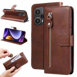 For Xiaomi Redmi Poco F5 Calf Texture Zipper Leather Phone Case(Brown)