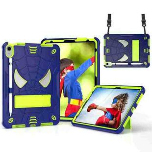 For iPad 10th Gen 10.9 2022 Spider Texture Silicone Hybrid PC Tablet Case with Shoulder Strap(Navy Blue + Yellow Green)