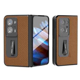 For OPPO Find N2 Carbon Fiber Texture Integrated Protective Phone Case with Holder(Dark Brown)