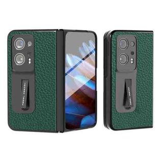 For OPPO Find N2 Integrated Genuine Leather Litchi Texture Phone Case with Holder(Green)