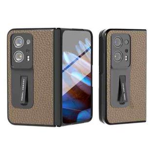 For OPPO Find N2 Integrated Genuine Leather Litchi Texture Phone Case with Holder(Grey)