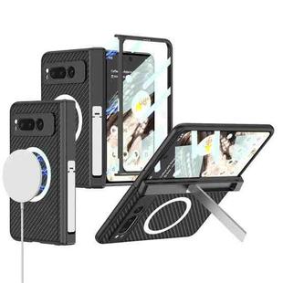 For Google Pixel Fold GKK Integrated Magsafe Fold Hinge Full Coverage Leather Phone Case with Holder(Carbon Fibre Black)