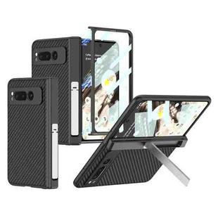 For Google Pixel Fold GKK Integrated Fold Hinge Leather Phone Case with Holder(Carbon Fibre Black)