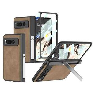 For Google Pixel Fold GKK Integrated Frosted Fold Hinge Leather Phone Case with Holder(Brown)