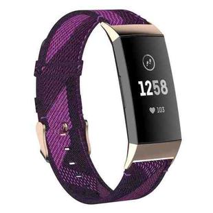 For Fitbit Charge 4 / Charge 3 / Charge 3 SE Stainless Steel Head Grain Nylon Denim Replacement Strap Watchband(Purple Stripe)