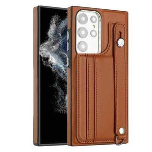 For Samsung Galaxy S22 Ultra 5G Shockproof Leather Phone Case with Wrist Strap(Brown)