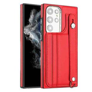 For Samsung Galaxy S22 Ultra 5G Shockproof Leather Phone Case with Wrist Strap(Red)