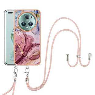 For Honor Magic5 Pro Electroplating Marble Dual-side IMD Phone Case with Lanyard(Rose Red 014)