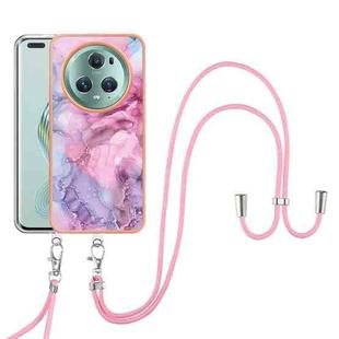 For Honor Magic5 Pro Electroplating Marble Dual-side IMD Phone Case with Lanyard(Pink 013)