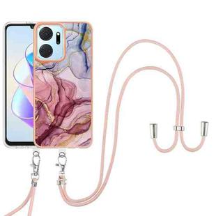 For Honor X7a Electroplating Marble Dual-side IMD Phone Case with Lanyard(Rose Red 014)