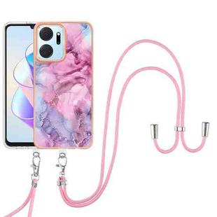 For Honor X7a Electroplating Marble Dual-side IMD Phone Case with Lanyard(Pink 013)