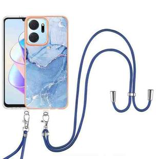 For Honor X7a Electroplating Marble Dual-side IMD Phone Case with Lanyard(Blue 018)