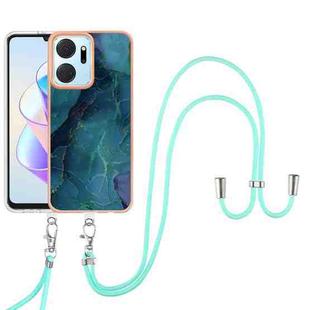 For Honor X7a Electroplating Marble Dual-side IMD Phone Case with Lanyard(Green 017)