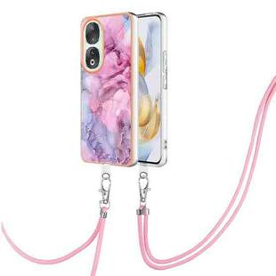 For Honor 90 5G Electroplating Marble Dual-side IMD Phone Case with Lanyard(Pink 013)