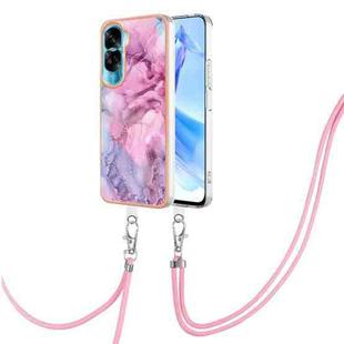 For Honor 90 Lite 5G Electroplating Marble Dual-side IMD Phone Case with Lanyard(Pink 013)