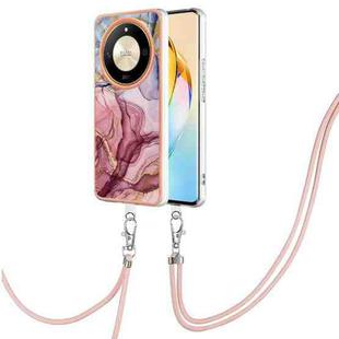 For Honor X9b Electroplating Marble Dual-side IMD Phone Case with Lanyard(Rose Red 014)