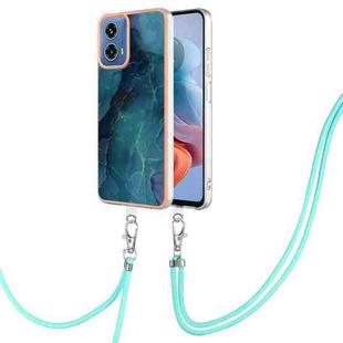 For Motorola Moto G34 Electroplating Marble Dual-side IMD Phone Case with Lanyard(Green 017)