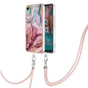 For Nokia C12 Electroplating Marble Dual-side IMD Phone Case with Lanyard(Rose Red 014)