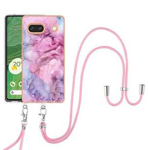 For Google Pixel 7A Electroplating Marble Dual-side IMD Phone Case with Lanyard(Pink 013)