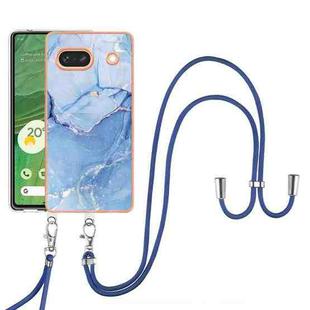 For Google Pixel 7A Electroplating Marble Dual-side IMD Phone Case with Lanyard(Blue 018)
