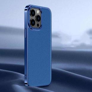 For iPhone 14 Pro Max Litchi Texture Genuine Leather Phone Case(Blue)