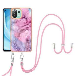 For Xiaomi 11 Lite Electroplating Marble Dual-side IMD Phone Case with Lanyard(Pink 013)