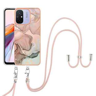 For Xiaomi Redmi 12C / 11A 4G Global Electroplating Marble Dual-side IMD Phone Case with Lanyard(Rose Gold 015)